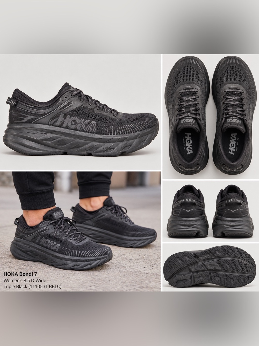 HOKA Bondi 7 Women 8.5 D Wide Triple Black Running Shoes 1110531 BBLC